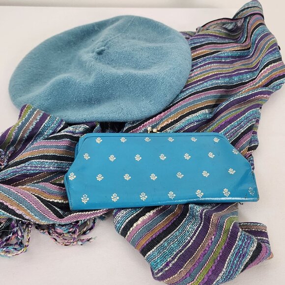 VTG Spring Lot Blue Tam Matching Scarf & Italian Leather Clutch Wallet Floral - Picture 2 of 15